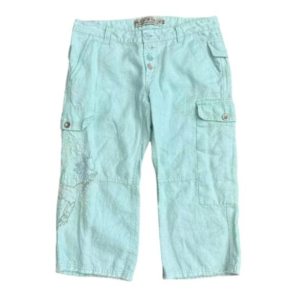 ANTHROPOLOGIE X Mur Mur Size M Baby Blue‎ Linen Embroidered Bird Cargo Capri - Picture 1 of 15